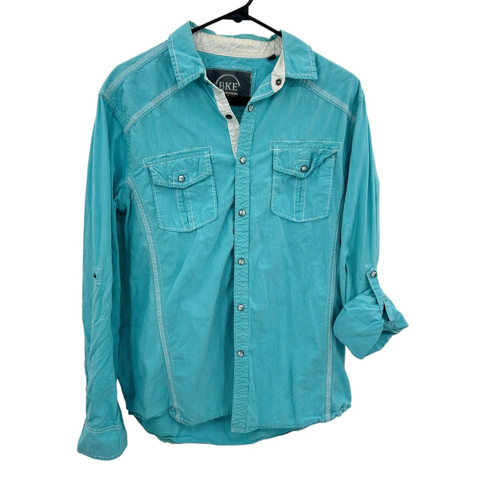BKE Western Snap Shirt Mens‎ M Teal Striped Button Up Cowboy Rodeo Workwear